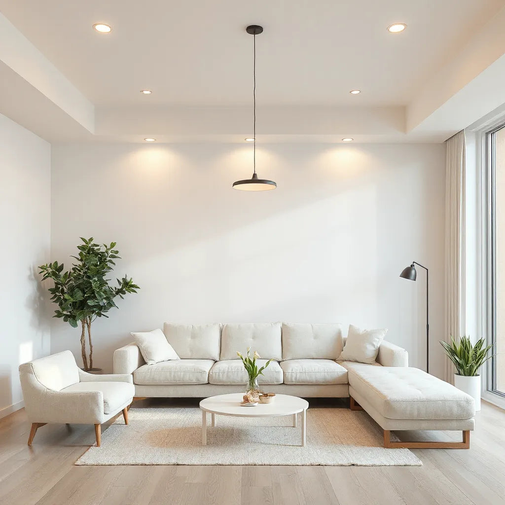 Minimal living room with warm recessed lights and a simple pendant lamp over a neutral sofa