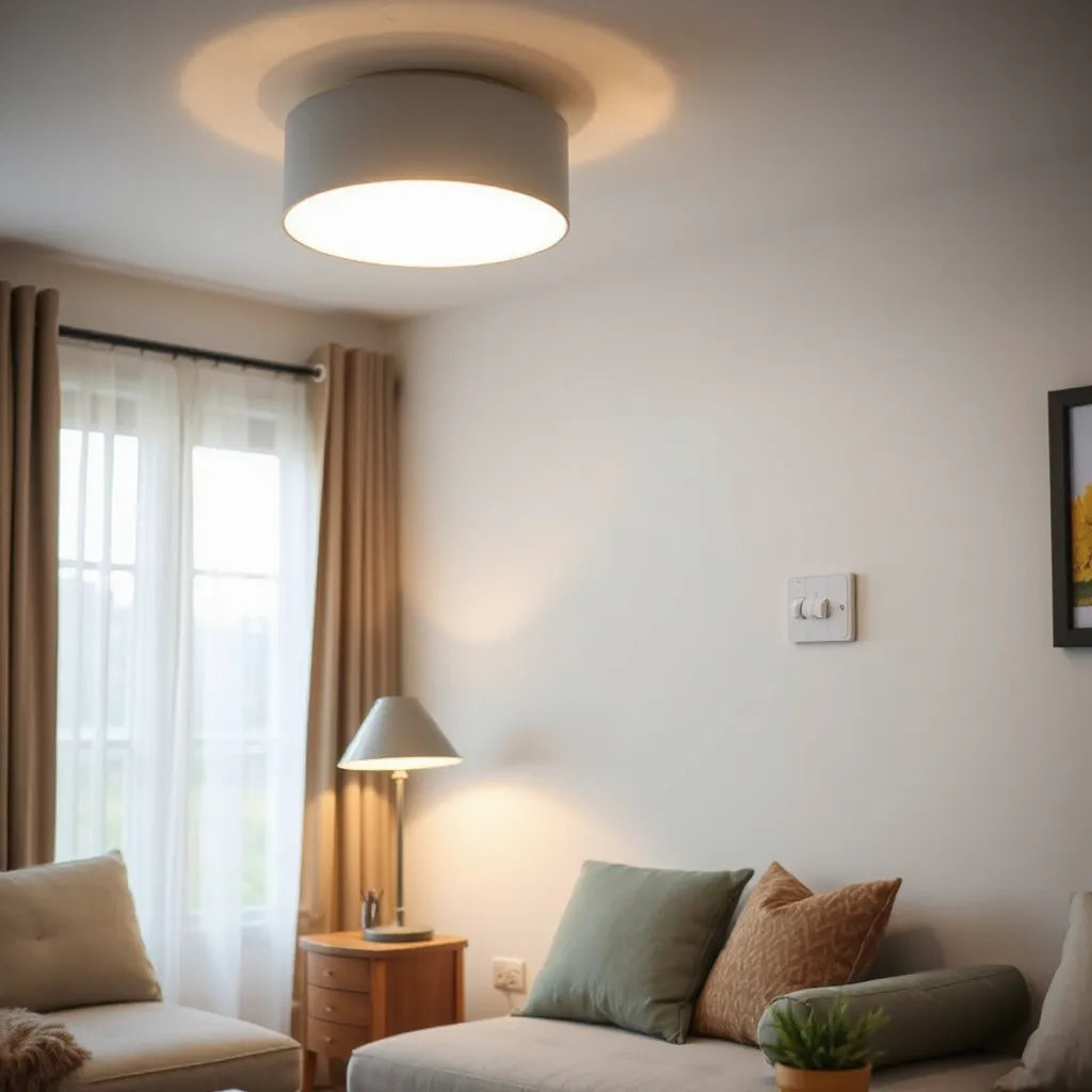 Modern LED ceiling light and table lamp glowing at dimmable brightness with a wall dimmer switch