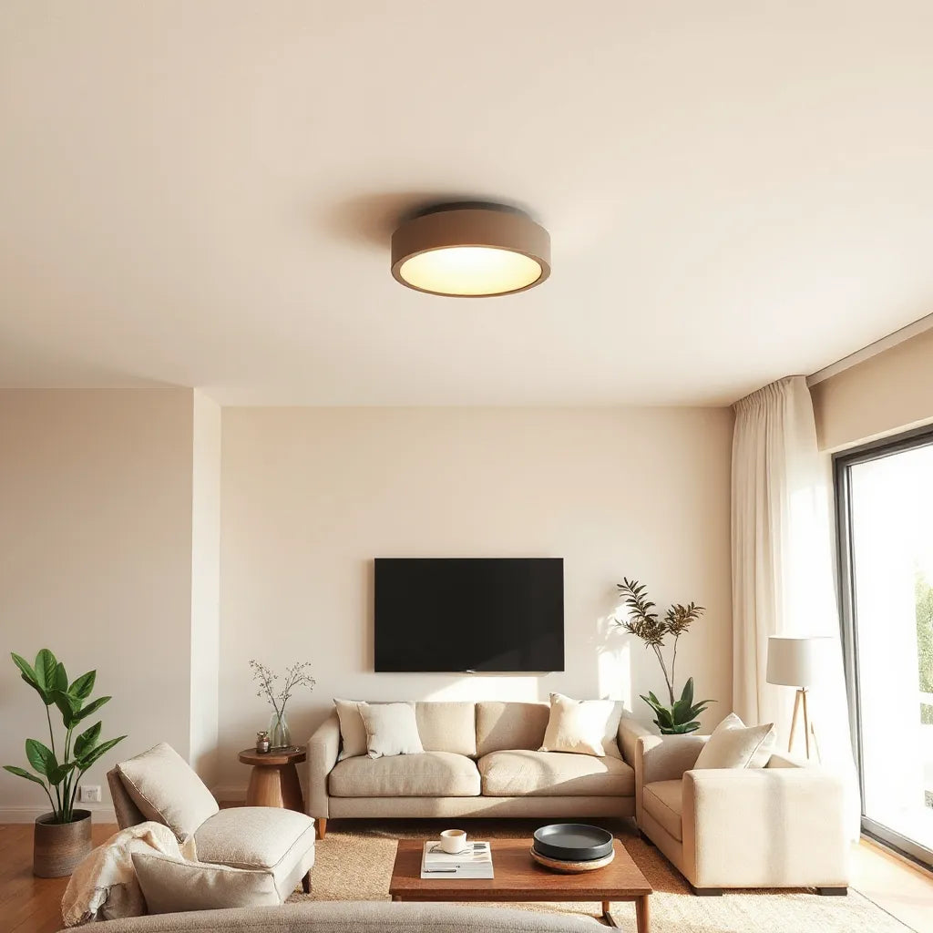 Low-profile flush mount ceiling light illuminating a modern, minimal living room