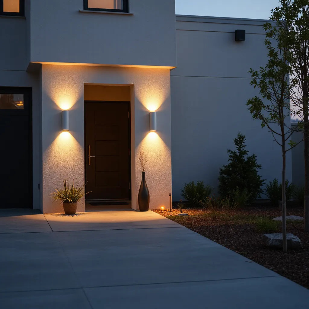 Modern outdoor wall lights casting warm light on a home exterior near an entryway
