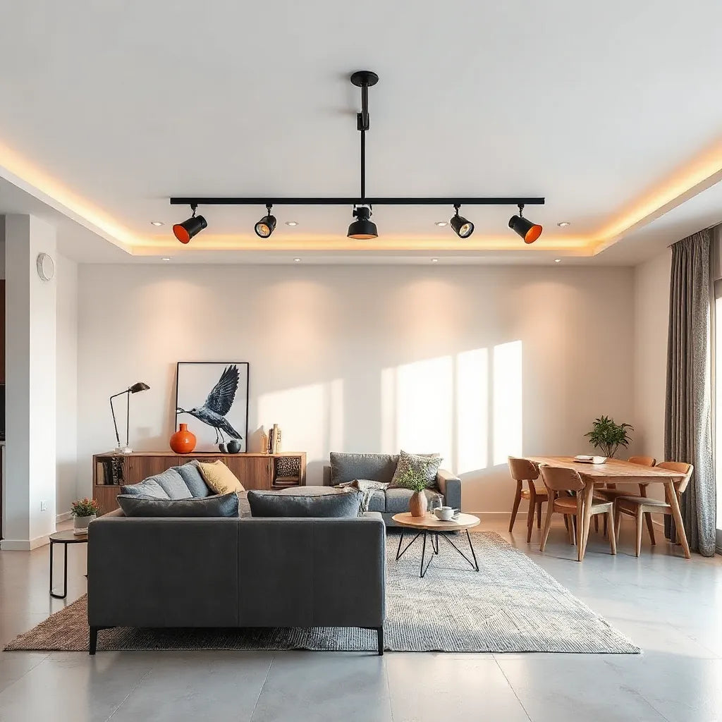 Adjustable track lights illuminating a modern living room, artwork, and dining area from the ceiling