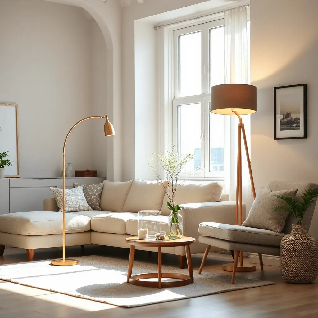 Modern floor lamps in a bright living room, casting warm light beside a sofa and armchair