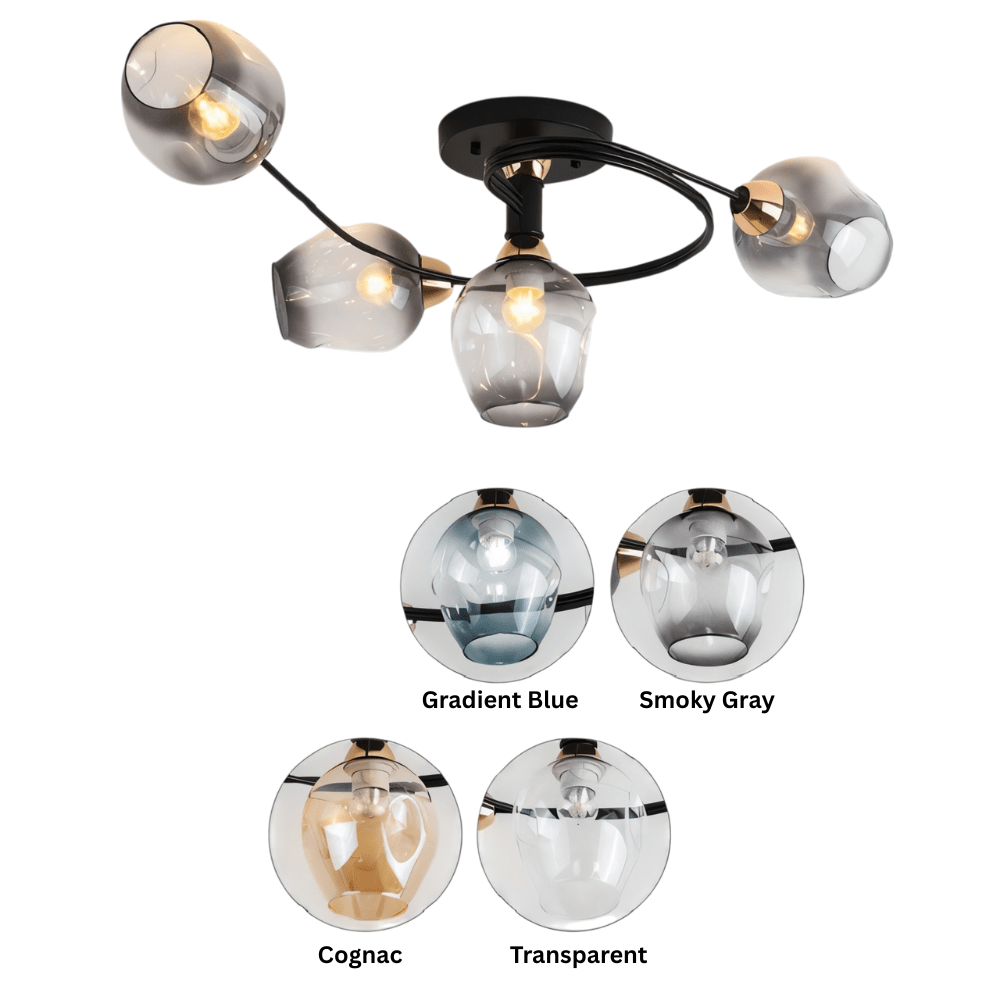 Multi-head glass and metal ceiling light suited to a tall room