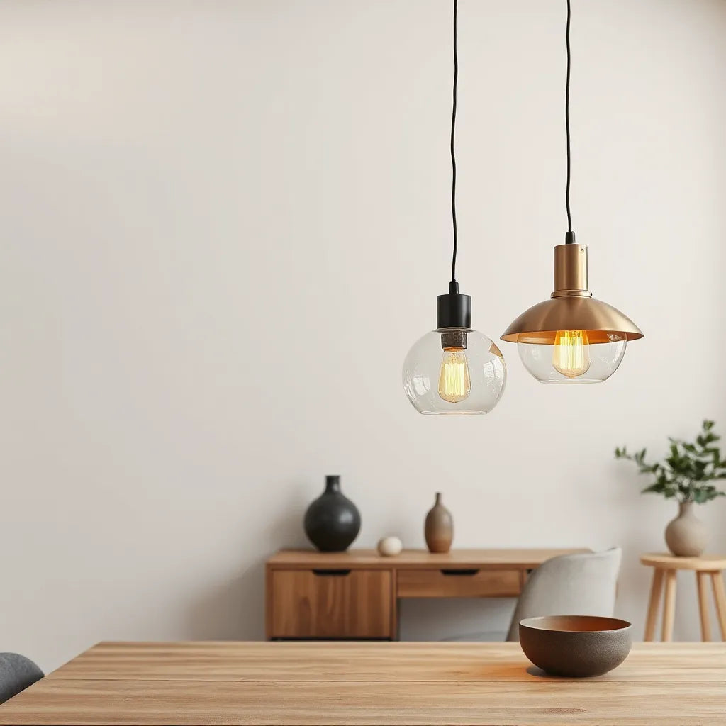 Decorative pendant lights hanging over a dining table in a modern living space