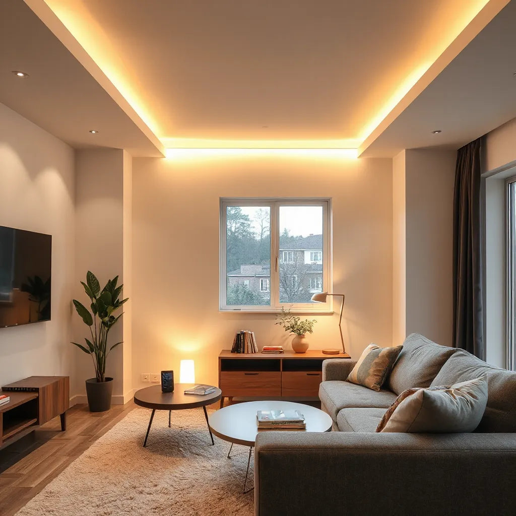 Modern living room with layered warm smart lighting across seating and reading zones