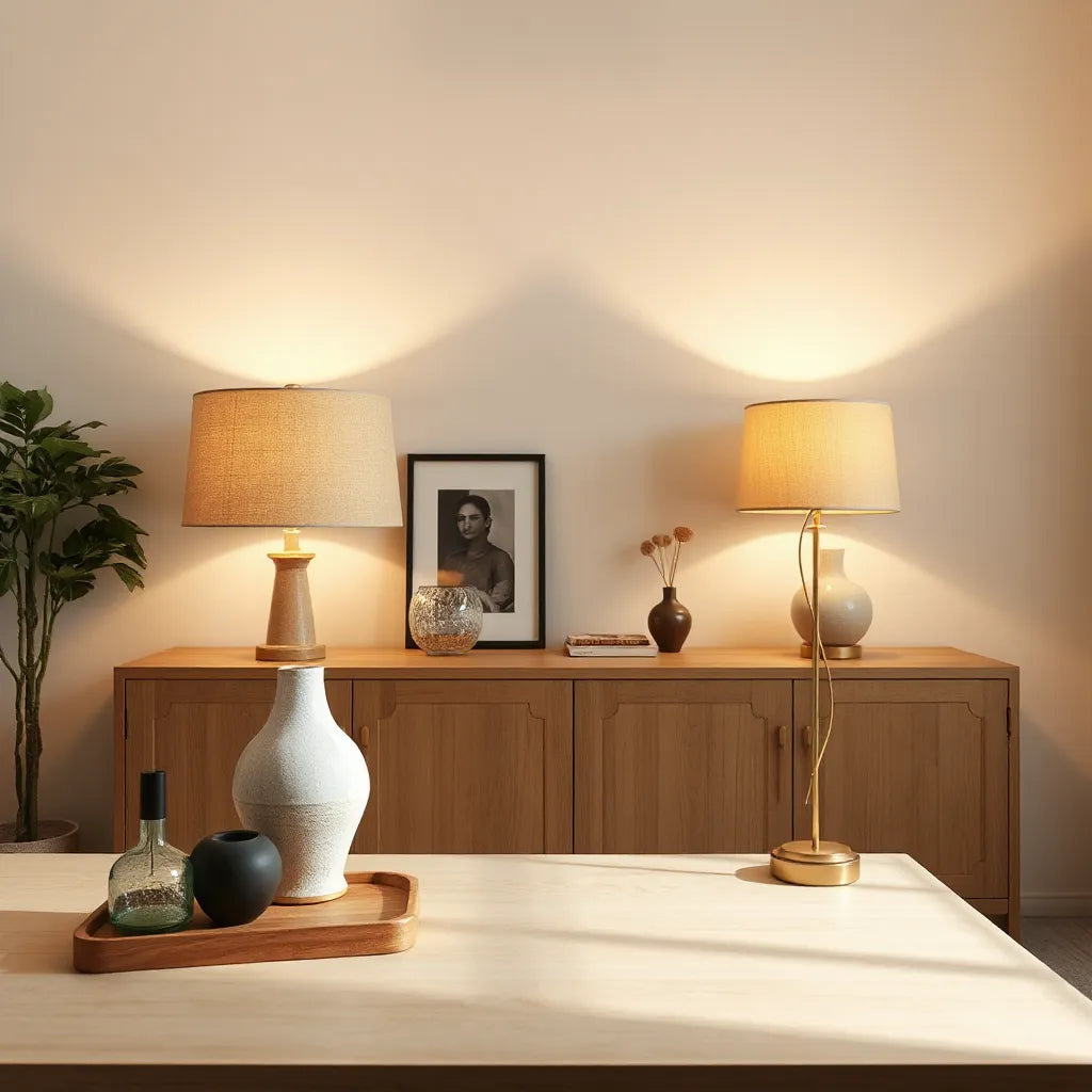 Warm glowing elegant table lamps on a sideboard in a modern living room