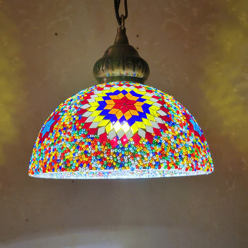 Contemporary Boho Glass Iron Dome Sun Mosaic Bead 1-Light Pendant Light For Dining Room - Lumendat
