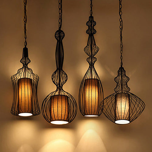 Contemporary Industrial Cage Iron Fabric 1-Light Pendant Light For Living Room - Lumendat
