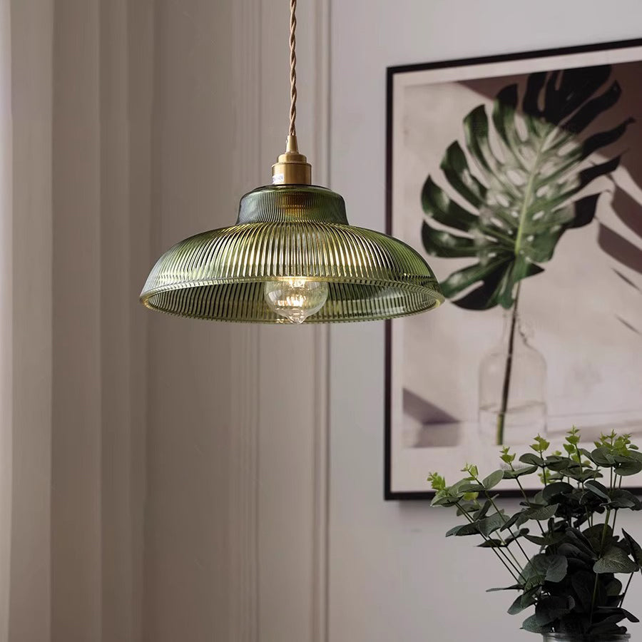 Contemporary Nordic Hat Shape Stripe Glass Brass 1 - Light Pendant Light For Living Room - Lumendat
