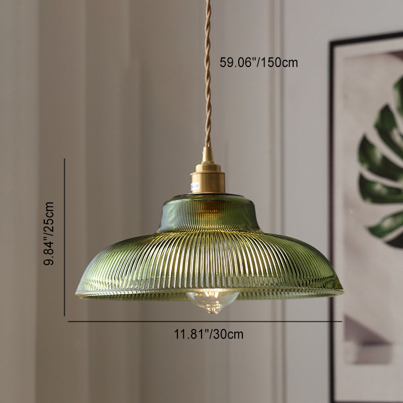 Contemporary Nordic Hat Shape Stripe Glass Brass 1 - Light Pendant Light For Living Room - Lumendat