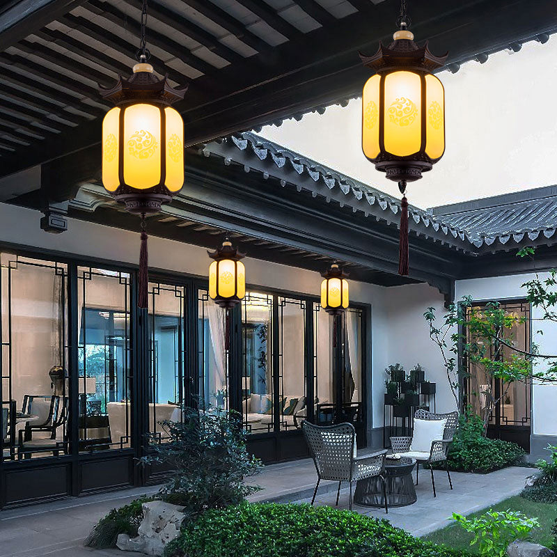 Traditional Chinese Waterproof Xiang Yun Hexagonal Lantern Aluminum PC Pendant Light For Garden - Lumendat