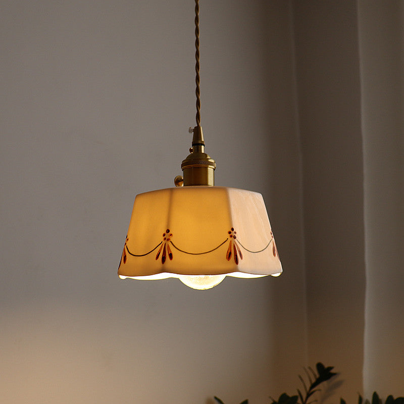 Traditional French Antique Brass Glazed Printed Ceramic Round 1-Light Pendant Light For Living Room - Lumendat