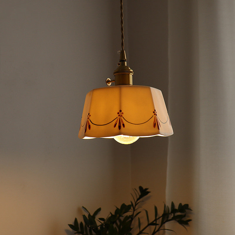 Traditional French Antique Brass Glazed Printed Ceramic Round 1-Light Pendant Light For Living Room - Lumendat