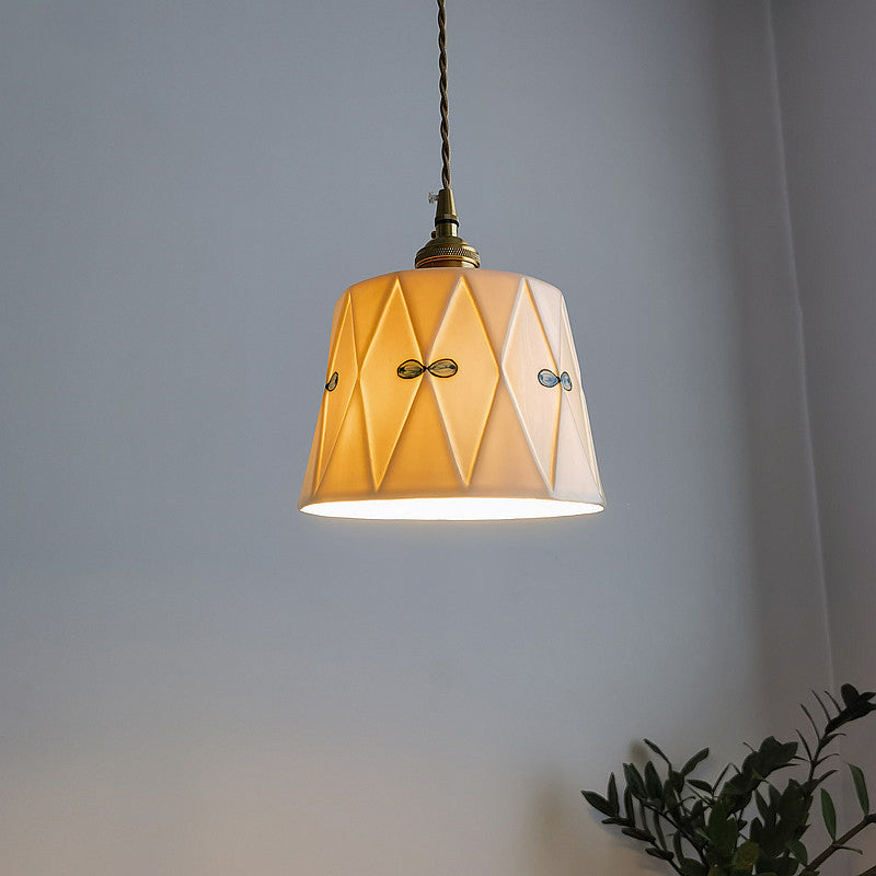 Traditional French Antique Brass Glazed Printed Ceramic Round 1-Light Pendant Light For Living Room - Lumendat