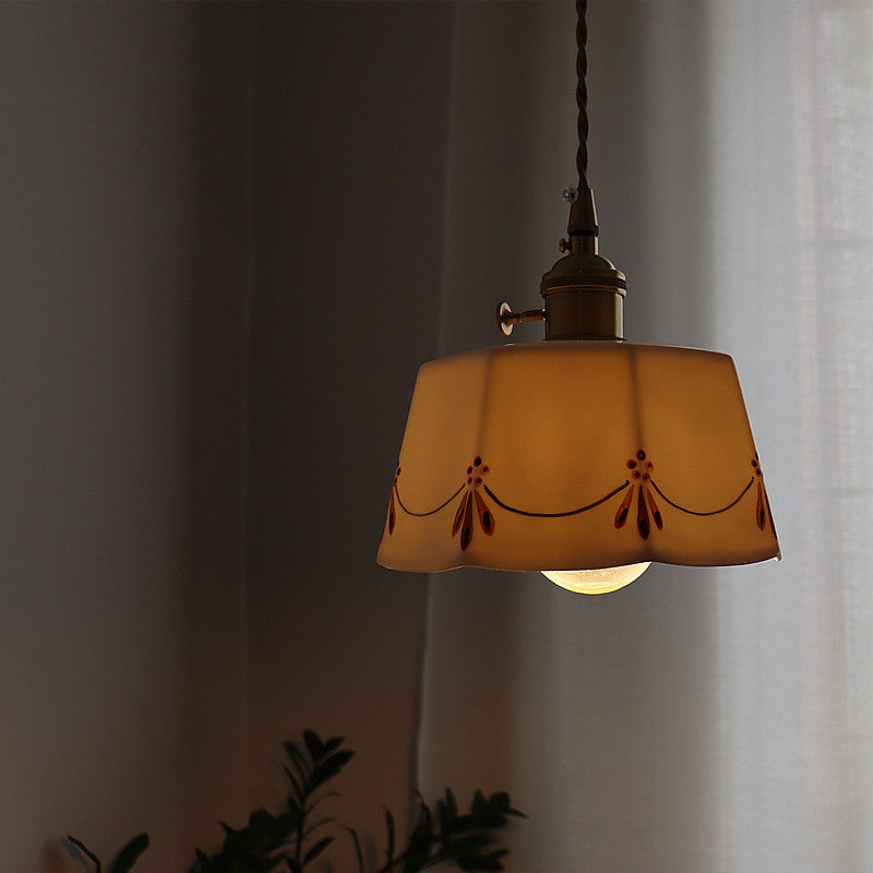 Traditional French Antique Brass Glazed Printed Ceramic Round 1-Light Pendant Light For Living Room - Lumendat