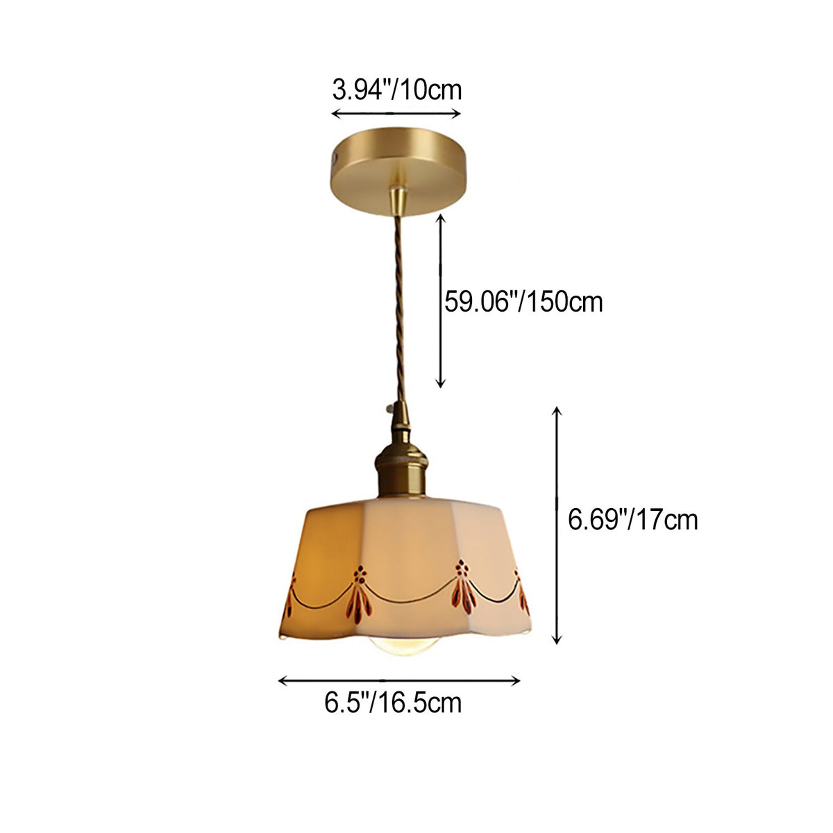 Traditional French Antique Brass Glazed Printed Ceramic Round 1-Light Pendant Light For Living Room - Lumendat