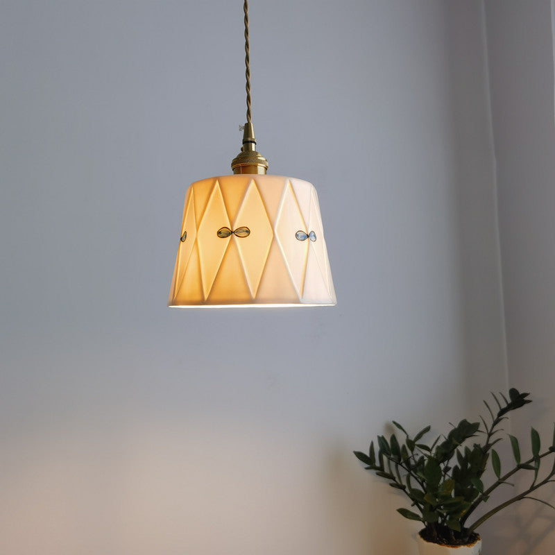 Traditional French Antique Brass Glazed Printed Ceramic Round 1-Light Pendant Light For Living Room - Lumendat