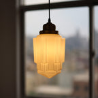 Traditional Vintage Round Cylinder Pagoda Shape Brass Glass 1-Light Pendant Light For Living Room - Lumendat