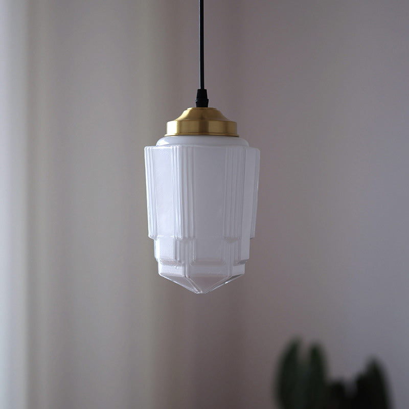 Traditional Vintage Round Cylinder Pagoda Shape Brass Glass 1-Light Pendant Light For Living Room - Lumendat